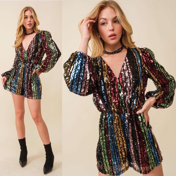 Pants - Turn Up The Volume Multicolor Sequin Striped Romper